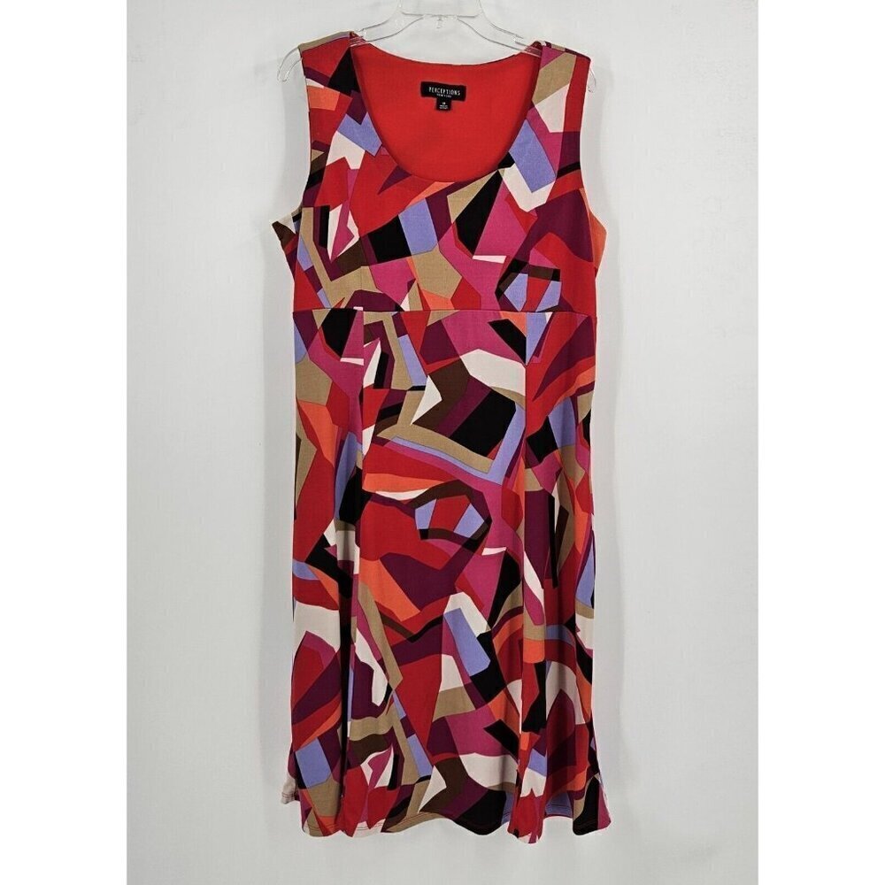 Perceptions New York Women 18 Red Geometric Sleeveless Stretch Fit & Flare Dress